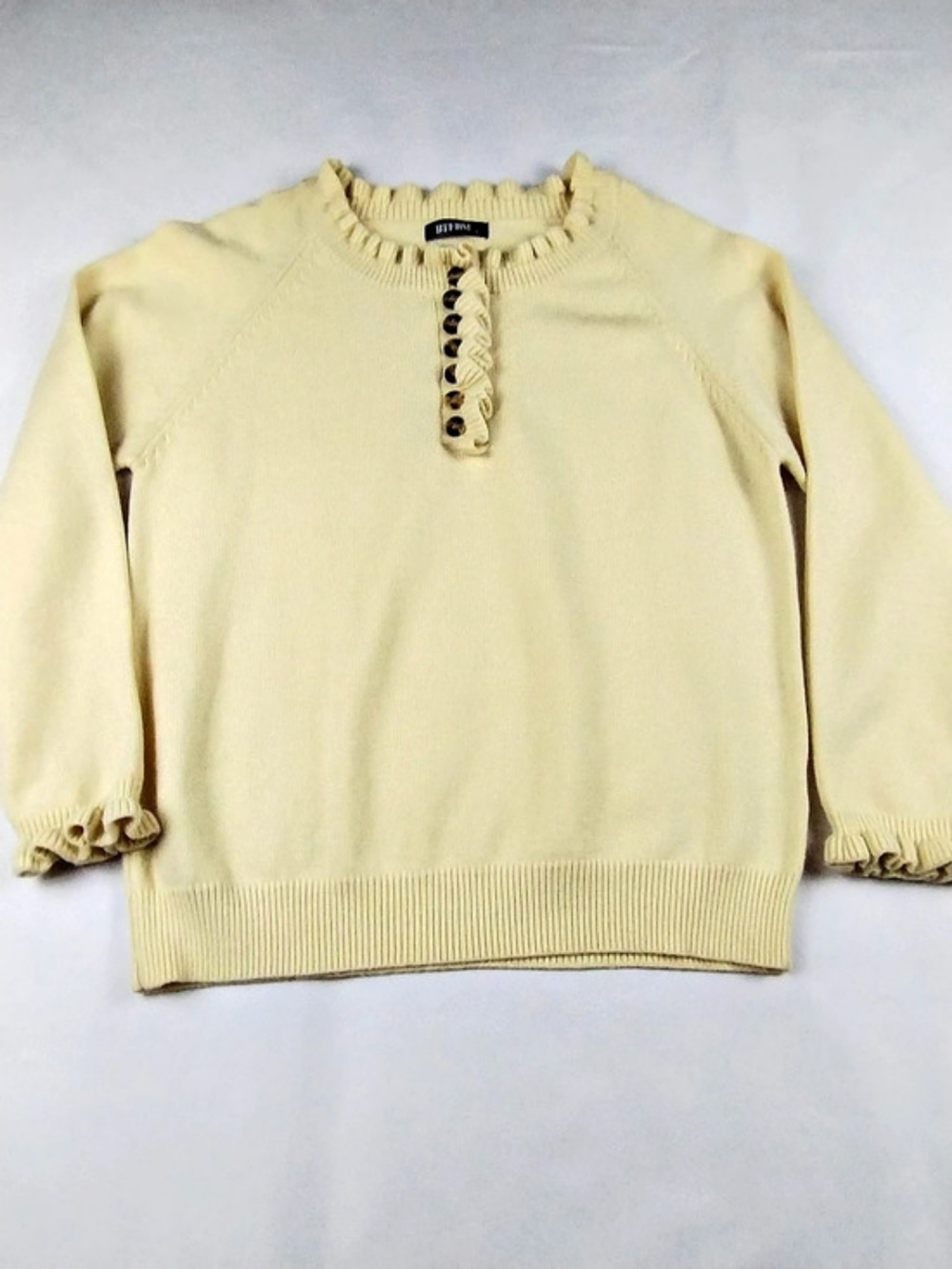 Light Pastel Yellow Ruffle Trim Henley Button-Down Knit Sweater (Size S)